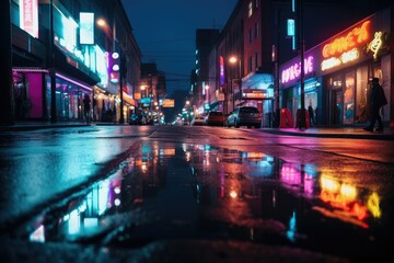 Fototapeta na wymiar Vibrant Neon Lights on Wet City Street - AI Generated