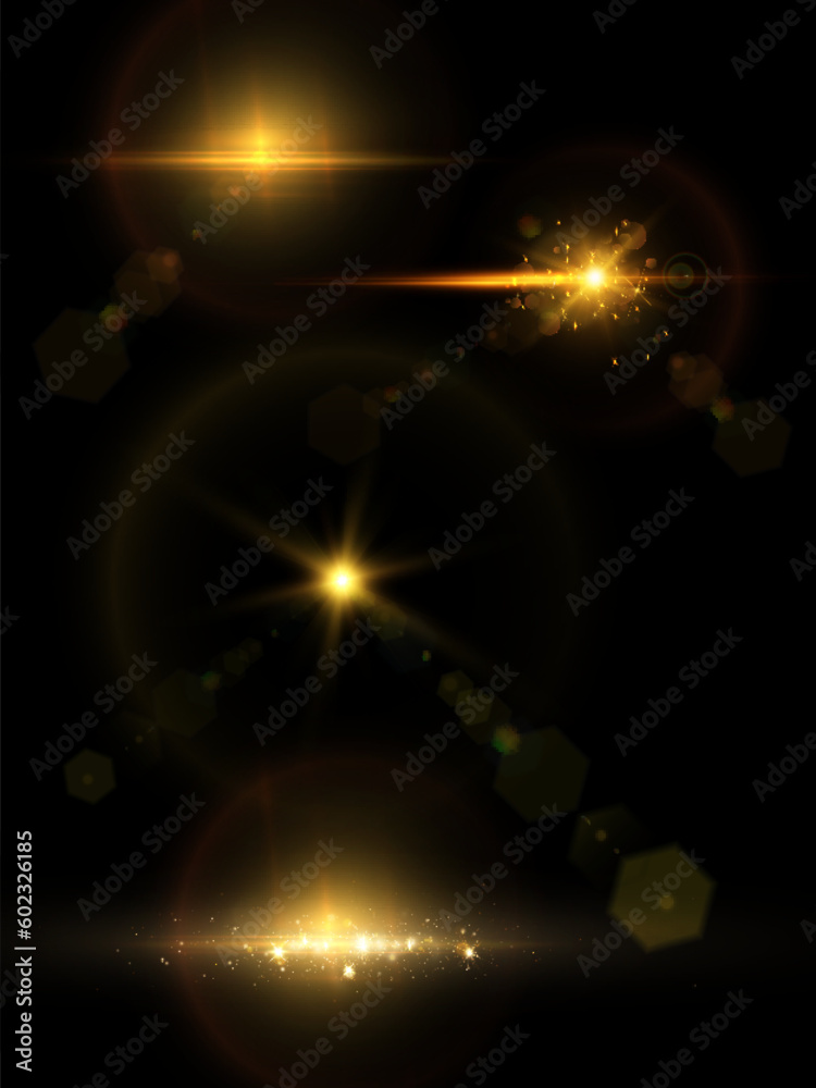 Poster vector transparent golden sunlight special lens flare light effect. sun glare on the front lens. vec