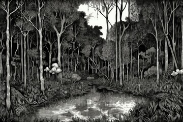 Ink Illustration of Forest Scene - AI Generated