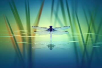 Dragonfly in pond, simple minimal tech illustration.