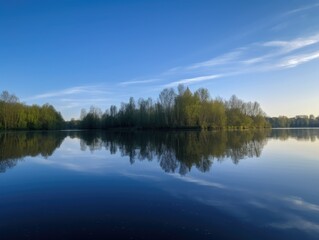 Blue Morning Sky Over Serene Lake - AI Generated