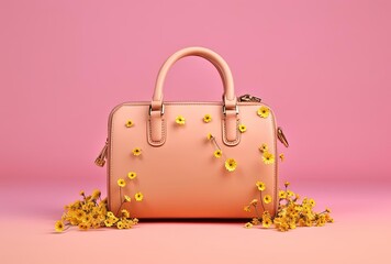 pink handbag with small yellow flowers on pale pink background, generative ai