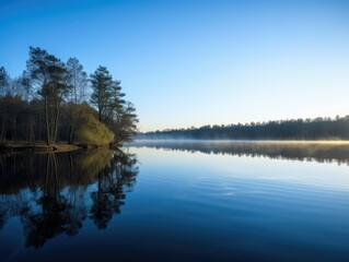 Blue Morning Sky Over Serene Lake - AI Generated