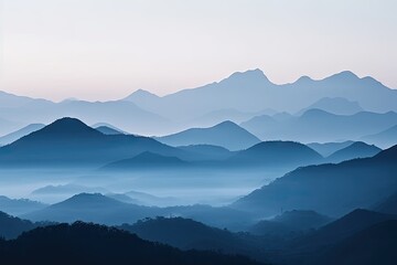 Blue Mist Over Mountain Range at Sunrise - AI Generated