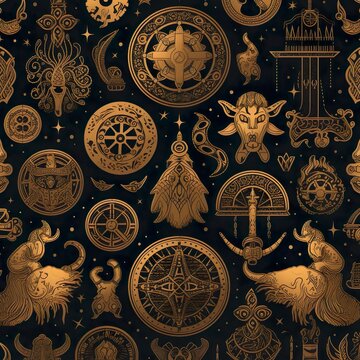 A Black Background with Vikings symbols in gold