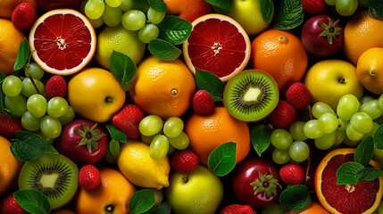 Naklejka na ściany i meble Juicy fruits top view background. AI generative