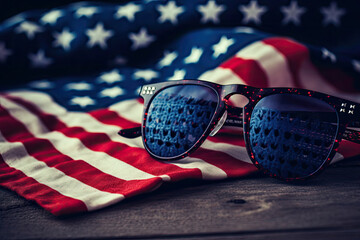  Patriotic postcard with sunglasses and flag usa on dark background. Independence day. Space for text