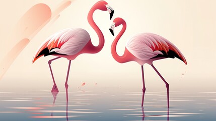 Pink flamingoes in pond, simple minimal tech illustration.