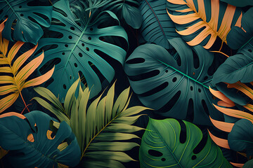 Fototapeta na wymiar Tropical seamless pattern with beautiful palm, leaves. vintage 3D illustration. Glamorous exotic abstract background design. Good for luxury wallpapers, cloth, fabric printing, goods