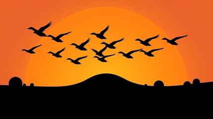 Fototapeta na wymiar Flock of birds flying against sunset, simple minimal tech illustration.