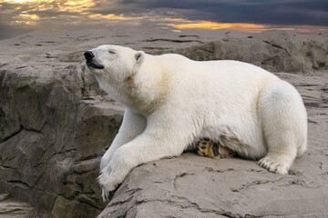 Fototapeta na wymiar white arctic polar bear on rocks