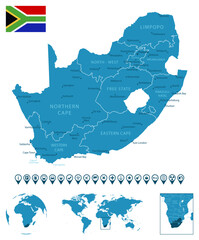 South Africa - detailed blue country map with cities, regions, location on world map and globe. Infographic icons.