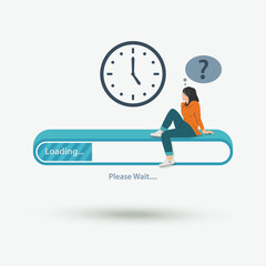 Woman sitting on loading bar with wall clock. Waiting loading file process concept vector illustration