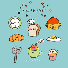 Bread characters. Funny tasty bakery pastries, cartoon happy breads faces character set, kawaii croissant and pastry, cute chocolate muffin and baguette expression illustration.