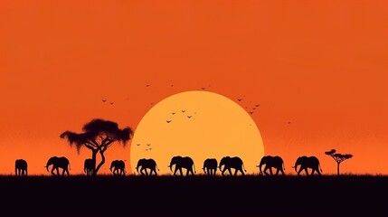 Fototapeta na wymiar Group of elephants in savanna at sunset, simple minimal tech illustration.