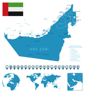 United Arab Emirates - detailed blue country map with cities, regions, location on world map and globe. Infographic icons.