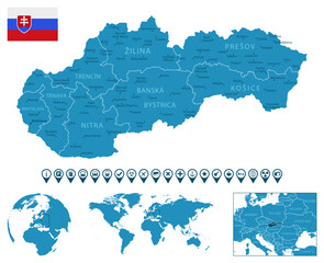 Slovakia - detailed blue country map with cities, regions, location on world map and globe. Infographic icons.