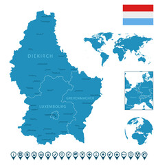 Fototapeta premium Luxembourg - detailed blue country map with cities, regions, location on world map and globe. Infographic icons.