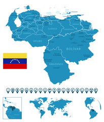Venezuela - detailed blue country map with cities, regions, location on world map and globe. Infographic icons.