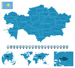 Kazakhstan - detailed blue country map with cities, regions, location on world map and globe. Infographic icons.