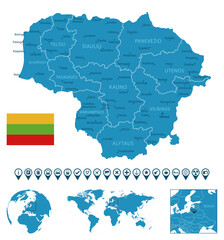Obraz premium Lithuania - detailed blue country map with cities, regions, location on world map and globe. Infographic icons.