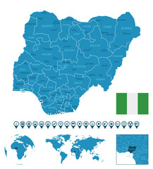 Nigeria - detailed blue country map with cities, regions, location on world map and globe. Infographic icons.