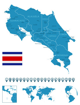 Costa Rica - detailed blue country map with cities, regions, location on world map and globe. Infographic icons.