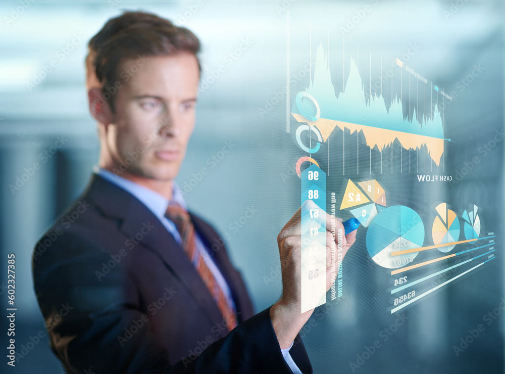 Poster charts, future and man with hologram, digital interface and check investment for growth and planning