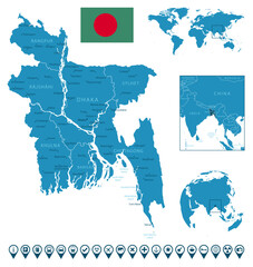 Bangladesh - detailed blue country map with cities, regions, location on world map and globe. Infographic icons.