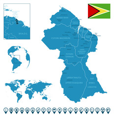Guyana - detailed blue country map with cities, regions, location on world map and globe. Infographic icons.