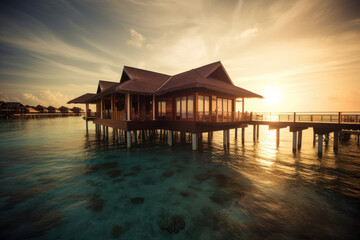 Fototapeta na wymiar Tropical luxury bungalow hotel on stilts in the sea. Photorealistic illustration generative AI.