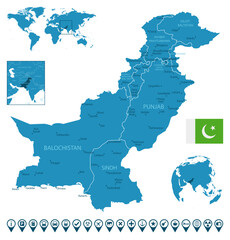 Pakistan - detailed blue country map with cities, regions, location on world map and globe. Infographic icons.