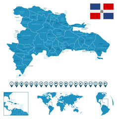 Dominican Republic - detailed blue country map with cities, regions, location on world map and globe. Infographic icons.