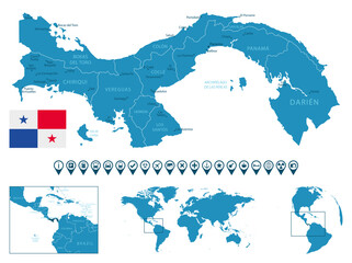 Panama - detailed blue country map with cities, regions, location on world map and globe. Infographic icons.