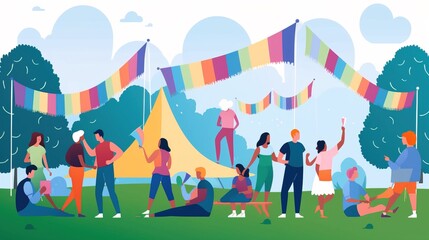 Obraz na płótnie Canvas Vector illustration of street LGBTQ+ festival in flat style with people, tents, flags and balloons. simple minimal tech illustration.