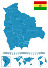 Bolivia - detailed blue country map with cities, regions, location on world map and globe. Infographic icons.