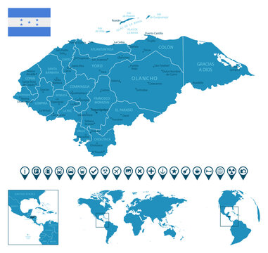 Honduras - detailed blue country map with cities, regions, location on world map and globe. Infographic icons.