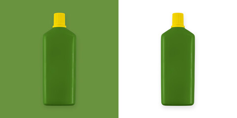 Green plastic bottle, isolated on white and green background. Containing fertilizer or pesticide...