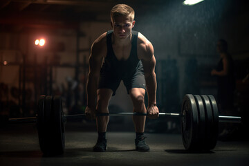 A weightlifter performing a deadlift exercise in a gym. - obrazy, fototapety, plakaty