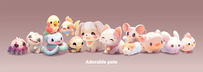 Group of a cute little animals with a kind smiling face and big eyes. - 602328516