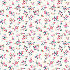 Beautiful floral pattern in small abstract flowers. Small rose pink and orange flowers. White background. Ditsy print. Floral seamless background. Elegant template for fashion prints. Stock pattern.