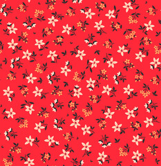 Vintage floral background. Floral pattern with small white and yellow flowers on a red background. Seamless pattern for design and fashion prints. Ditsy style. Stock vector illustration.