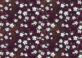 Vector seamless pattern. Cute pattern in small flowers. Small white flowers. Dark plum violet background. Ditsy floral background. Vintage template for fashion prints. Stock vector.