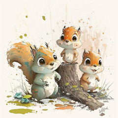 Ai generated three cute little happy squirrels illustration drawing