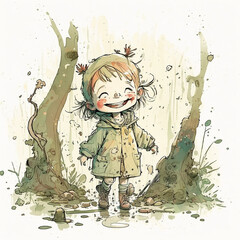 Ai generated cute happy smiling girl in the forest illustration