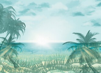 Fototapeta na wymiar Poster of a tropic climate, palms on the coast of the blue Sea in summer sunny hot day