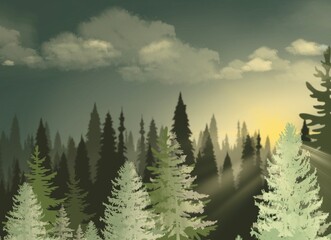 Fototapeta na wymiar Poster of beautiful forest in the sunset, printable background