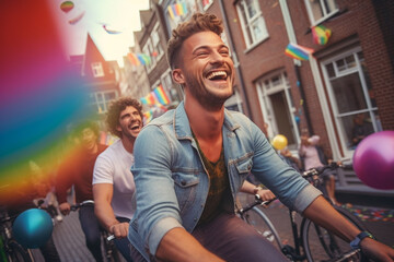 Fototapeta na wymiar Happy Generative AI People Cycling at LGBTQ+ Gay Pride Parade in Amsterdam. Diversity in the LGBTQ+ Community. Amsterdam Pride Month Celebration 