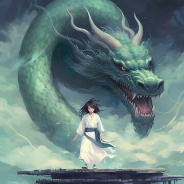 Big Green Dragon with little Japanese Girl