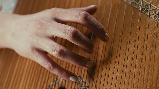 Woman playing on ethnic traditional ukrainian instrument bandura or pandora
